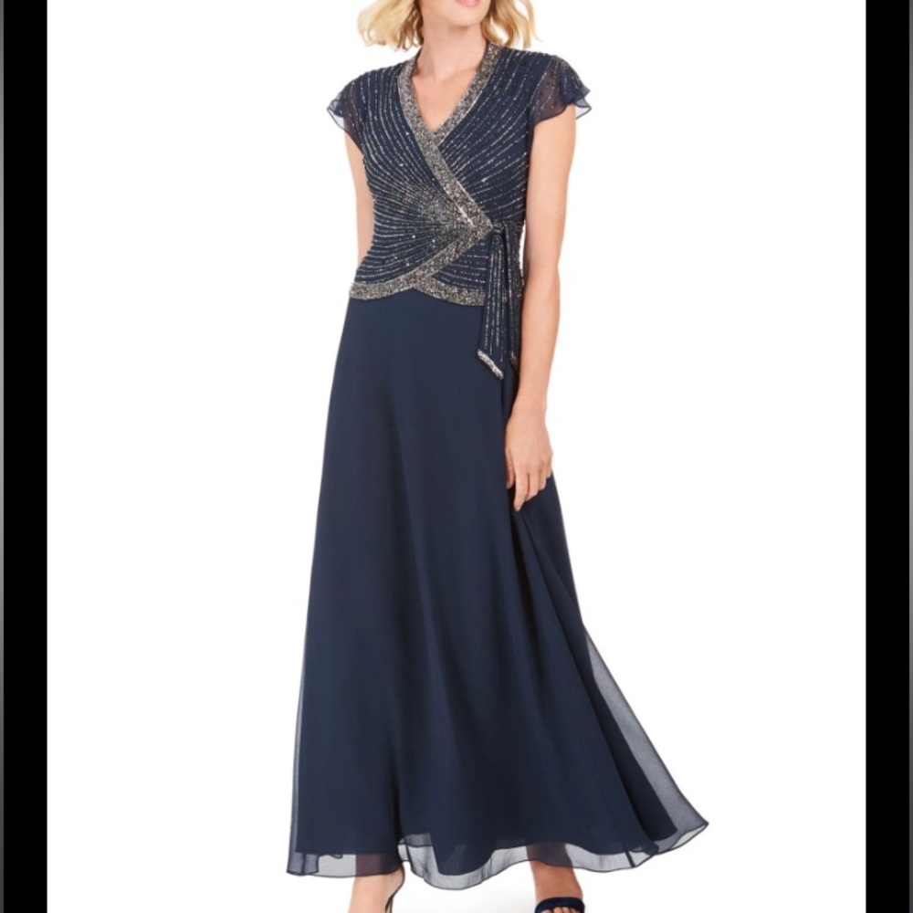 Nwt JKara  Navy Chiffon Embellished Evening Dress Gown - Picture 5 of 14